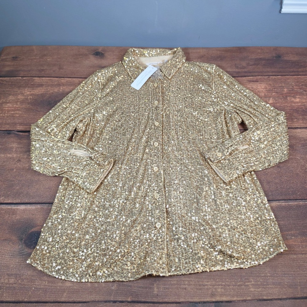 Soft Surroundings Sequin Shirt Womens PXL Gold New Sancerre Button Down Blouse - Picture 1 of 6